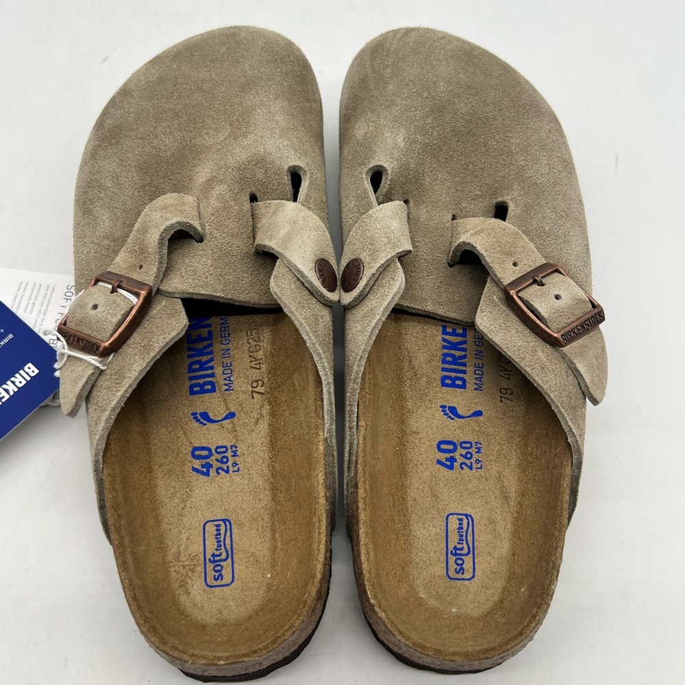 Birkenstock Boston Women 9 Men 7 Narrow Taupe Suede Clogs Slip On Shoes - Picture 14 of 16